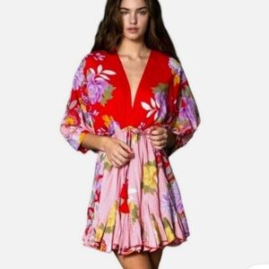 Anthropologie Red Floral V neck Dress M